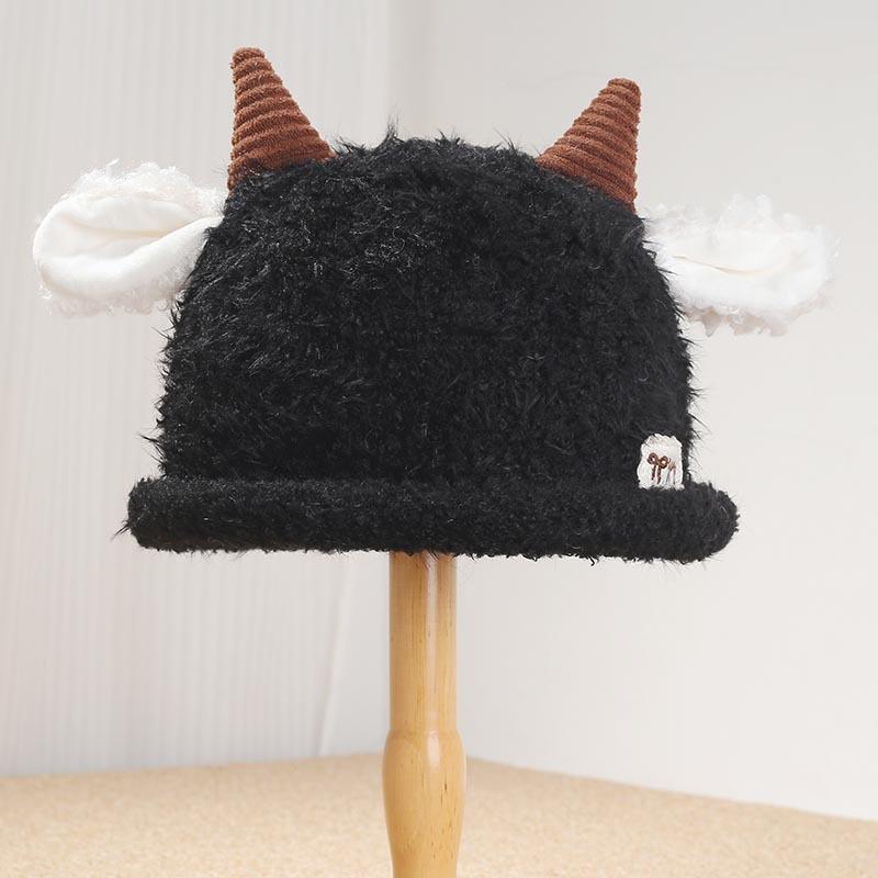 Sweet and Cute Plush Lamb Ears Knitted Bucket Hat Winter Outdoor Cold and Warm Ear Protection Pullover Hat Children