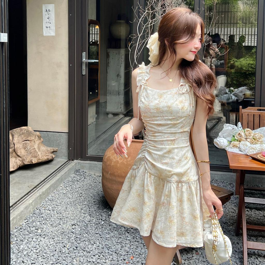 New summer French temperament fashion romantic bow small floral short suspender dress