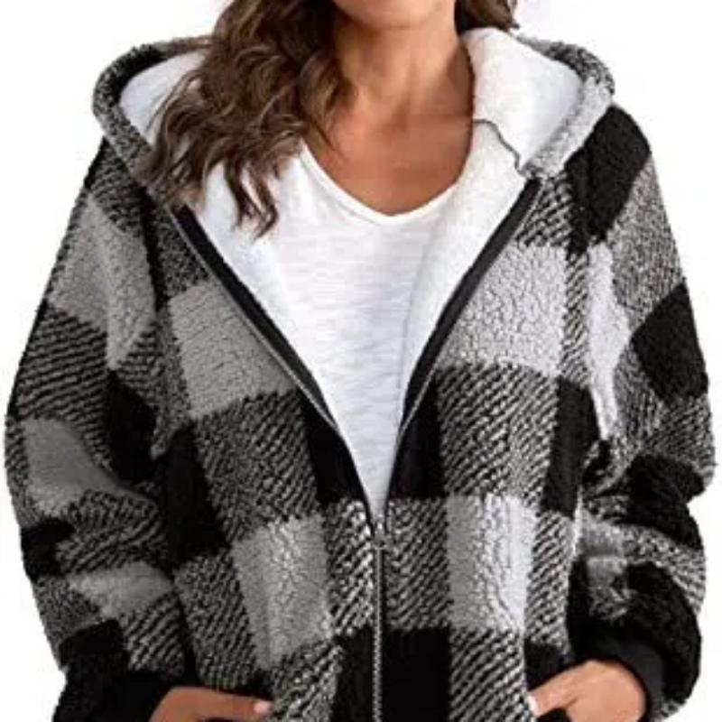 Women's Oversized Zip-Up Sherpa Jacket with Pockets, Plaid Fleece Hoodie Winter Teddy Coat, Cozy and Stylish Outerwear for Cold Weather