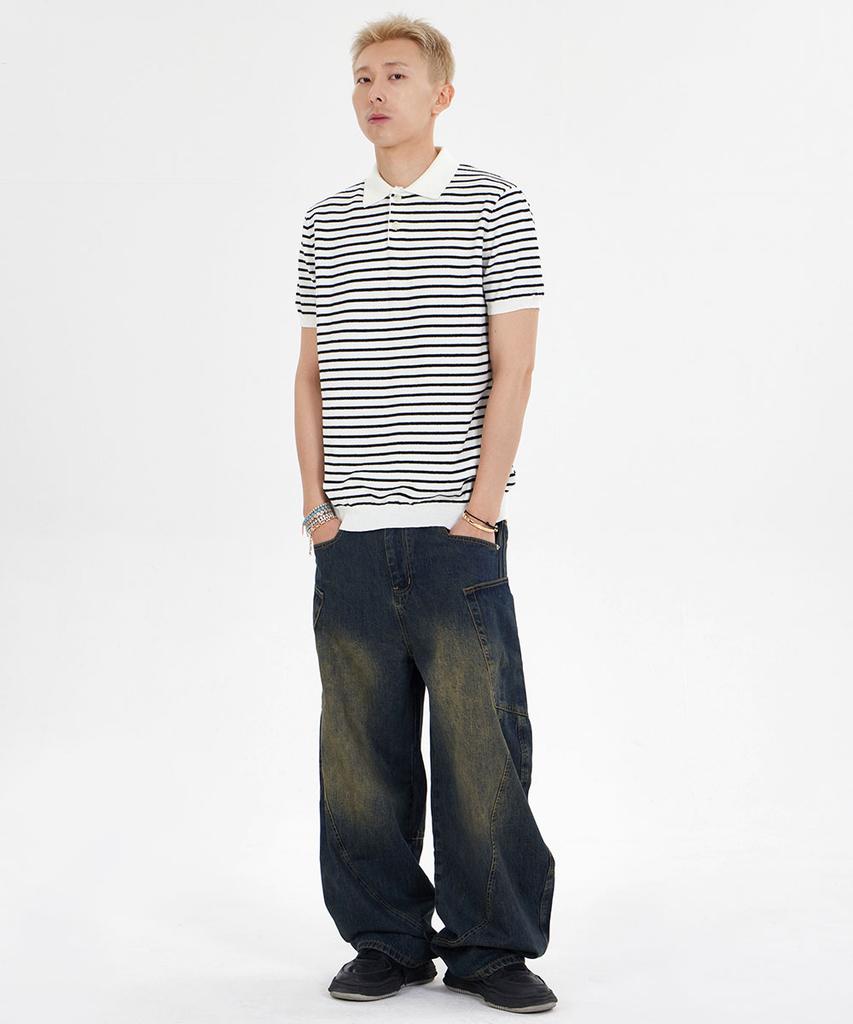 MAKEITTO Striped Knit Collared Short Sleeve T-Shirt_White