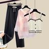 Knitted Suspender Vest Plaid Panel Sunscreen Chiffon Shirt Wide Leg Pants Three-piece Elegant Women Pants Set Summer Outfits