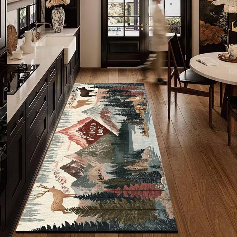 VIKAMA Vintage Forest Deer Runner Rug Mountain Lake Wildlife Non Slip Washable Long Floor Mat Farmhouse Kitchen Hallway Decor