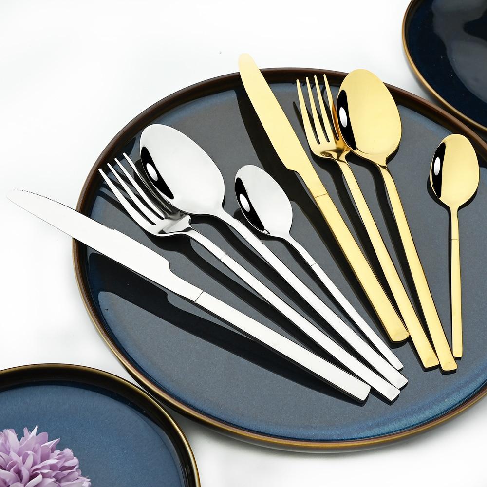 30pcs Black Gold Western Dinnerware Set Stainless Steel Cutlery Set Knife Dessert Fork Spoon Tableware Set Flatware Silverware