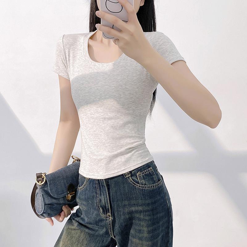Women's Summer Slim Fit Pink U-Neck T-Shirt - Versatile & Stylish Short Sleeve Top