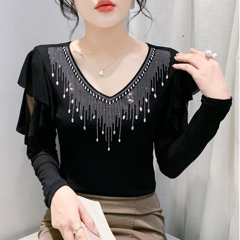 High Quality Spring Autumn Women Blue Black Mesh Inlaid Diamonds Ruffles TShirt Fashion Long Sleeve Slim Tops Sexy V-neck Casual Tees