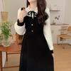 Fashion Women Dress Patchwork Knitted Tunic Robe Vestidos Elegant Black A-line Dresses