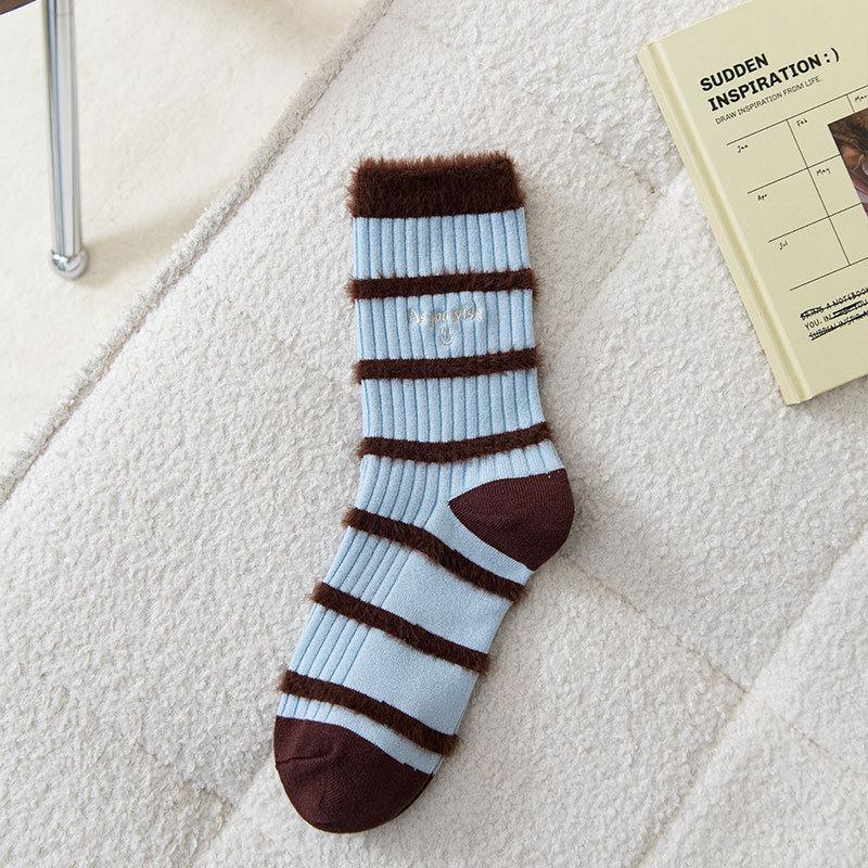 Thickened Rabbit Fleece Warm Sleep Socks Color-Blocked Striped Plush Embroidered Letter Stacked Socks One size