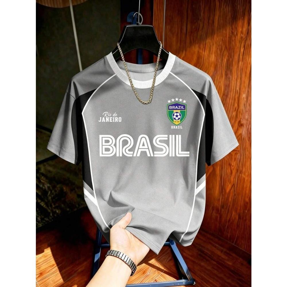 Brasile Rio De Janeiro Maglietta da Calcio Gialla Verde Stampa Classica Brasile Leggera Comoda Casual Streetwear Regalo per i Fan