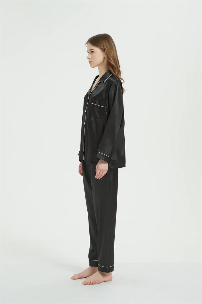 KUMASEN Silk and Satin Pajama Long Open Size M Women's Set, Loungewear, Sleeves, Front, Black,