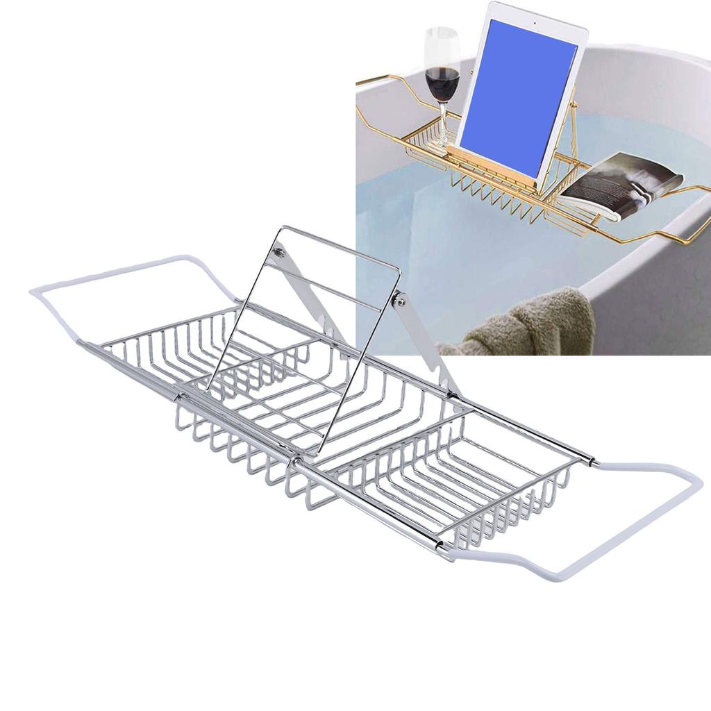 Shower Tub Tray Stainless Steel Expandable Over The Bathtub Rack with Phone Stand for Soap Shampoo