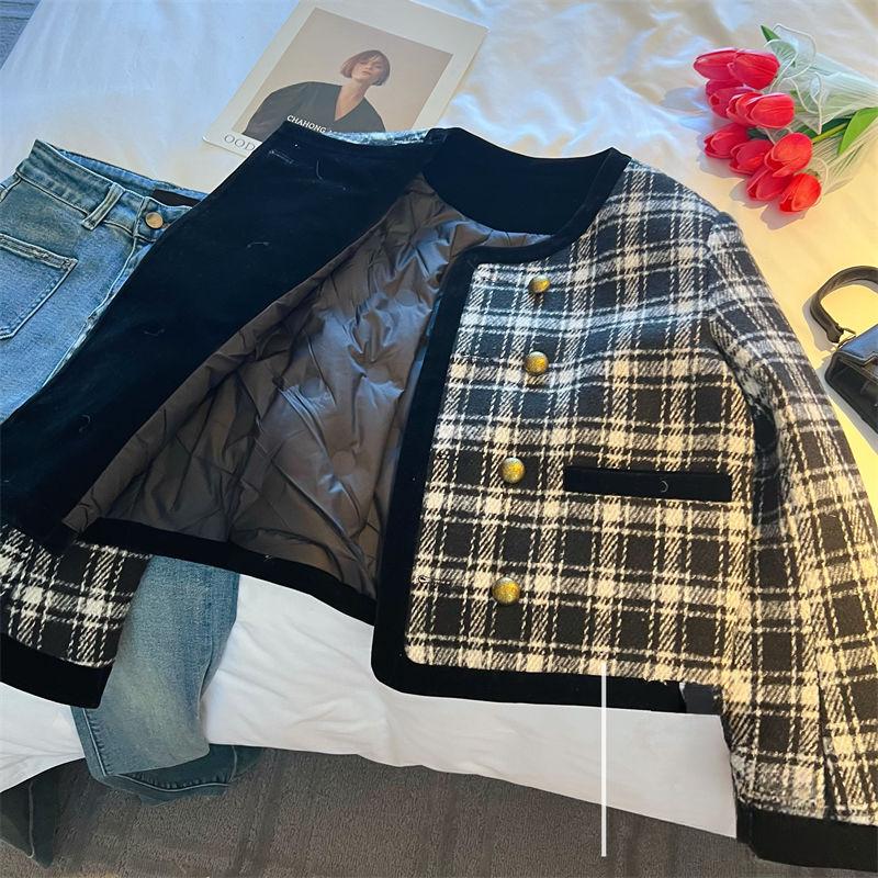 

Винтажная клетчатая короткая куртка во французском стиле с хлопковым наполнителем и изысканным темпераментом для женщин XL чёрный