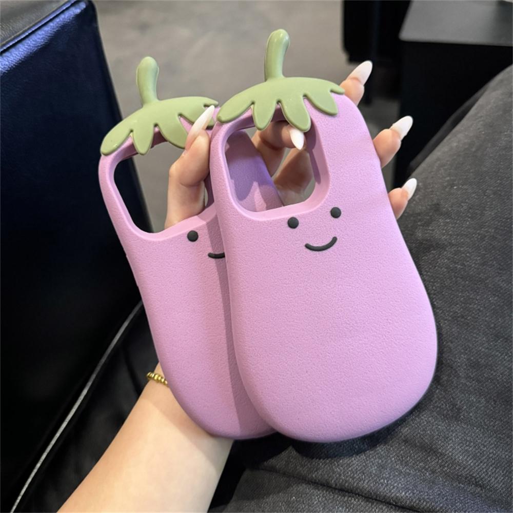 For iPhone 14 Pro Case Cartoon Smile Eggplant Soft Silicone Phone Cover