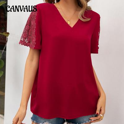 Summer Women's Lace Splicing Short Sleeve V-Neck Blouse Casual Loose Hollow Out Shirt Top