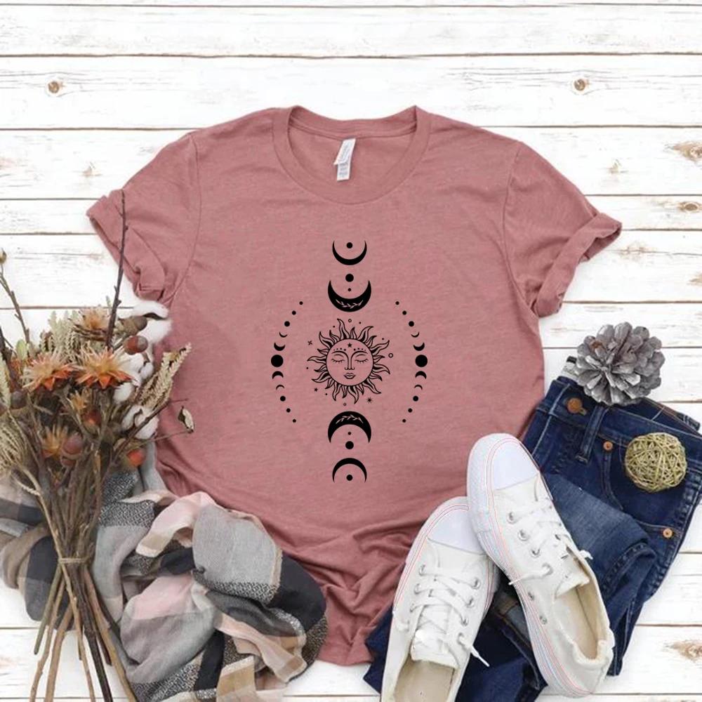 Sun and Moon Stars TShirt Celestial Tshirt Boho Sun Moon TShirts Women Short Sleeve T Shirts Retro Mystical Tee Women Clothes