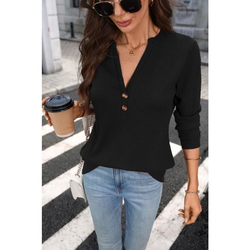 Damen Unifarben V-Ausschnitt Knopf Waffelstrick Langarm Locker T-Shirt