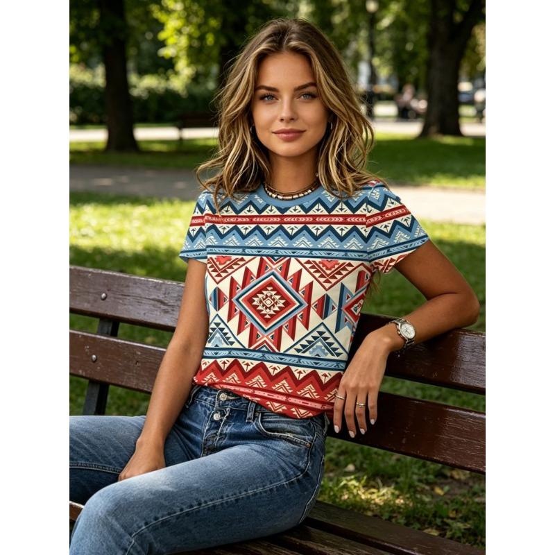 T-Shirt Women's Ethnic Geometric Retro Short Sleeve T-Shirt 1 Piece