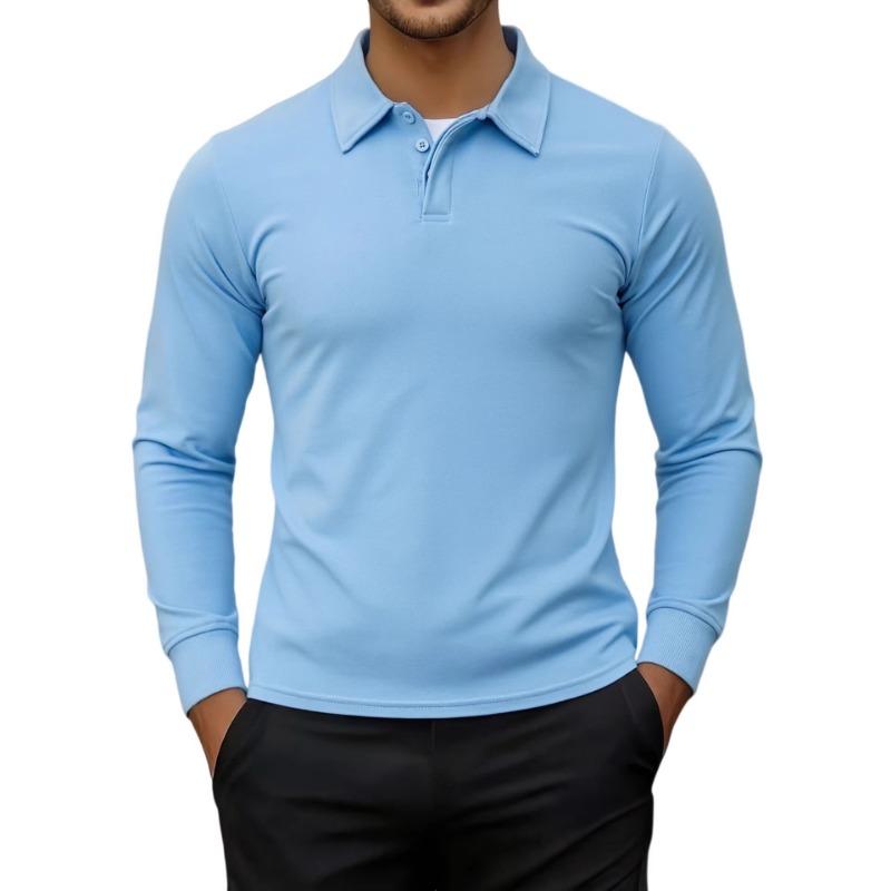 Men's Long Sleeve Polo Shirt Casual Solid Color Button Placket Collared Top