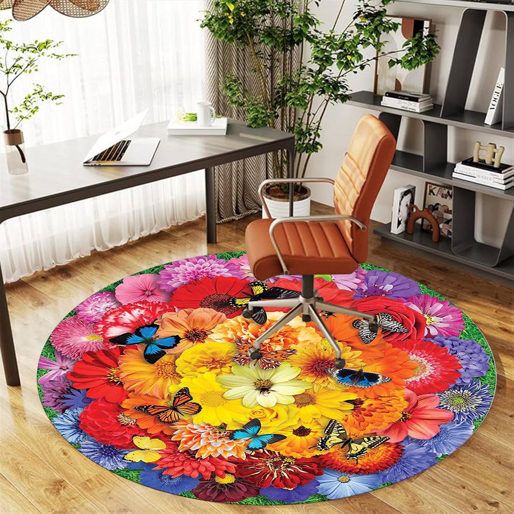 1pc Flower Bouquet Butterfly Pattern Office Round Rugs, Under Chair Round Rugs for Living Room, Bedroom, Bathroom Decoration Carpet 091806