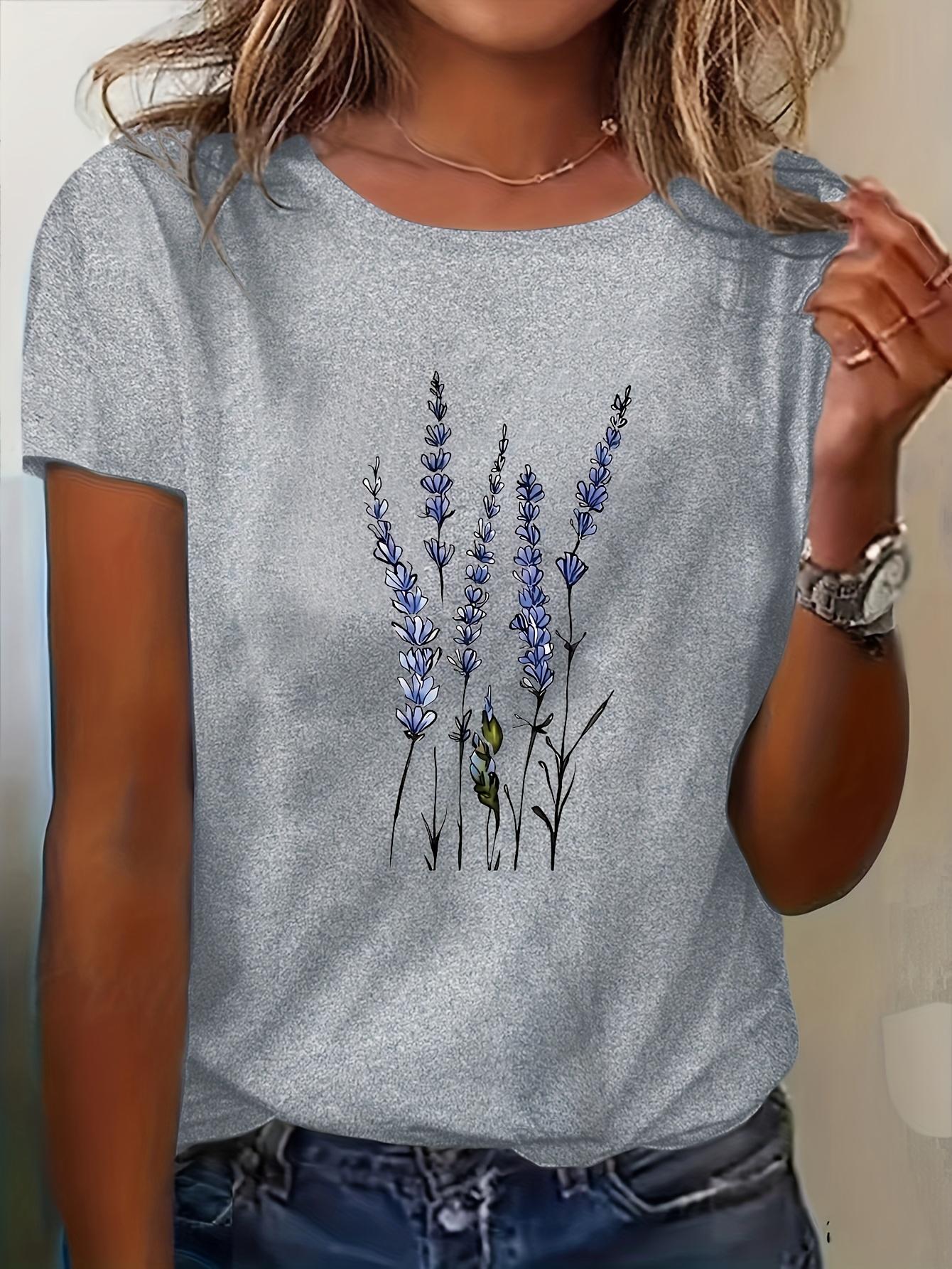 

Женская летняя повседневная футболка лавандового цвета с цветочным принтом - топ с круглым вырезом и короткими рукавами в корейском стиле, лавандовые блузки L