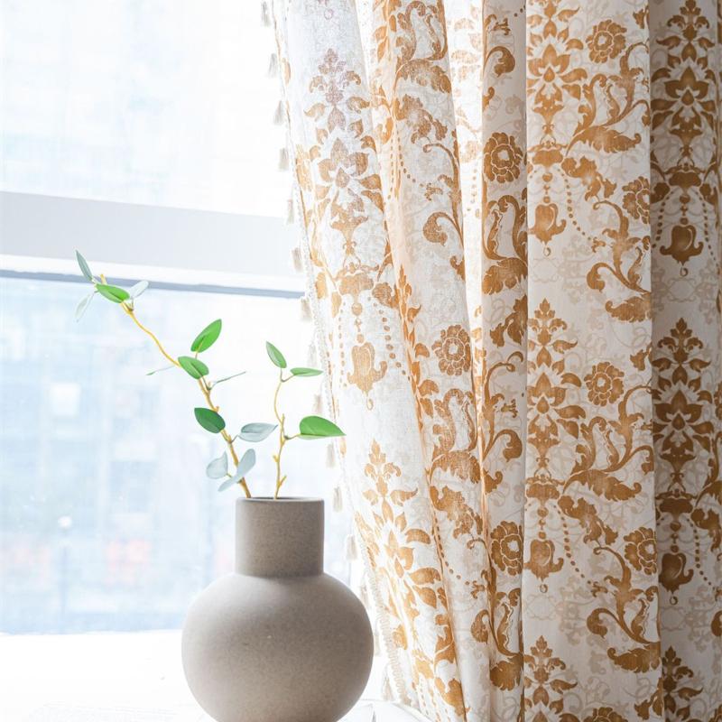 Mustard Damask Printed Curtains - Khaki European Floral Ready-Made Drapes with Tassel Trim | Semi-Sheer Kitchen Valance & Bay Window Light Filtering