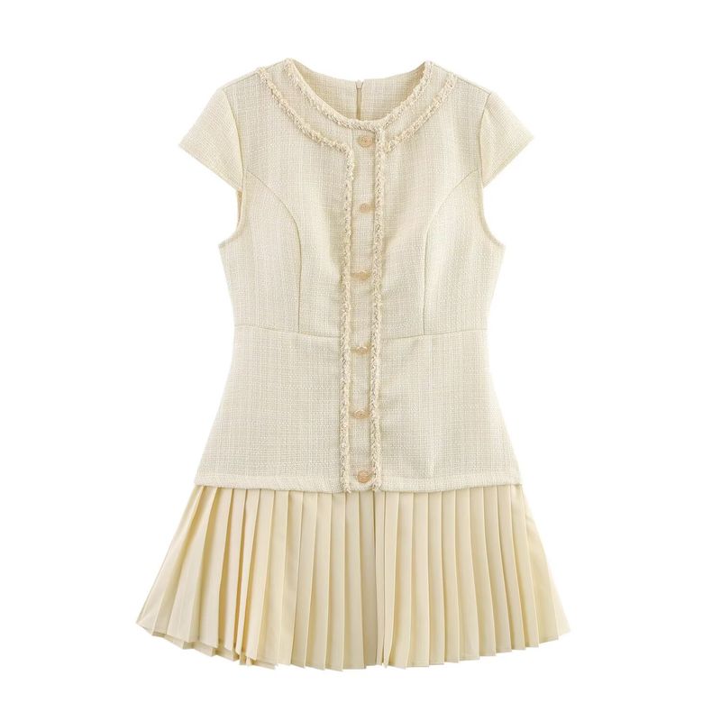 Kaslead New Arrival Women's Clothing Fashion Style Silm Coarse Woven Pleated Temperament Crew Neck Dress