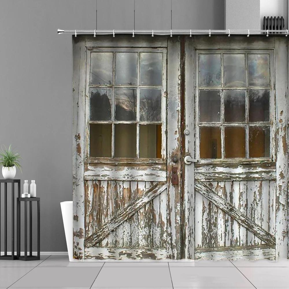 Wood Door Cow Shower Curtain Farm Animal Barn Door Wooden Wheel Pumpkin Sunflower Retro Bath Curtain Bathroom Accessories Set
