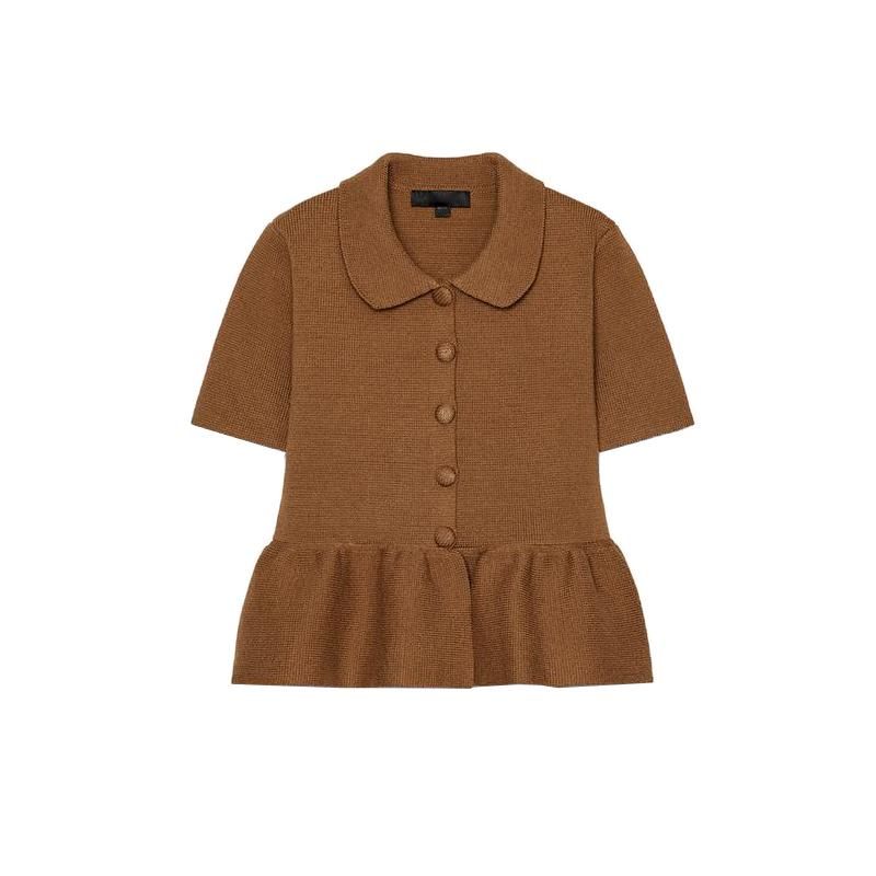 Spring New Women Clothes Graceful Lapel Short Sleeve A- Line Short Skirt Hem Knitted Outerwear 2142012