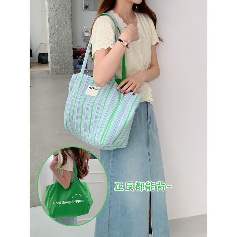 Large-capacity Tote Bag Striped Single-shoulder Bag Lettered College Student Canvas Bag Women's Commuting Bag