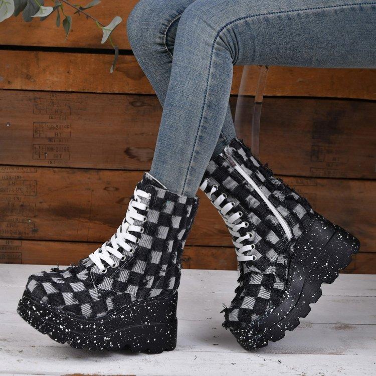 Large Size Woven Women's Boots Old Thick-soled Short Fashion Boots Side Zipper High-heeled Spring and Autumn Versatile Women's Boots
