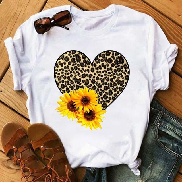 Vintage Leopard Love Sunflower Graphics Women T-Shirt 90S Summer Blouse Loose Short Sleeve Round Neck Female Crop Tops