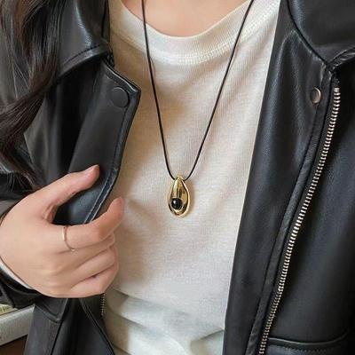 Charm Stainless Steel Metal Water Drop Long Leather Rope Pendant Necklace For Women Charm Trendy Party Collar Jewelry