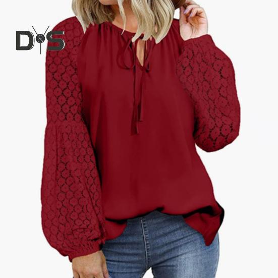 

Женская рубашка на весну и осень, кружевная рубашка с длинным рукавом, однотонная, в стиле пэчворк, с рукавами-фонариками, на шнуровке, на бретельках, с круглым вырезом, блузка для поездок на работу M розовый