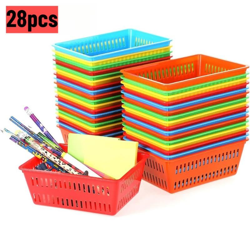 

28pcs Plastic Organizer Baskets Color Storage Bin Classroom Crayons Pencils Paper Stationery School Office Supplies Shelf Basket