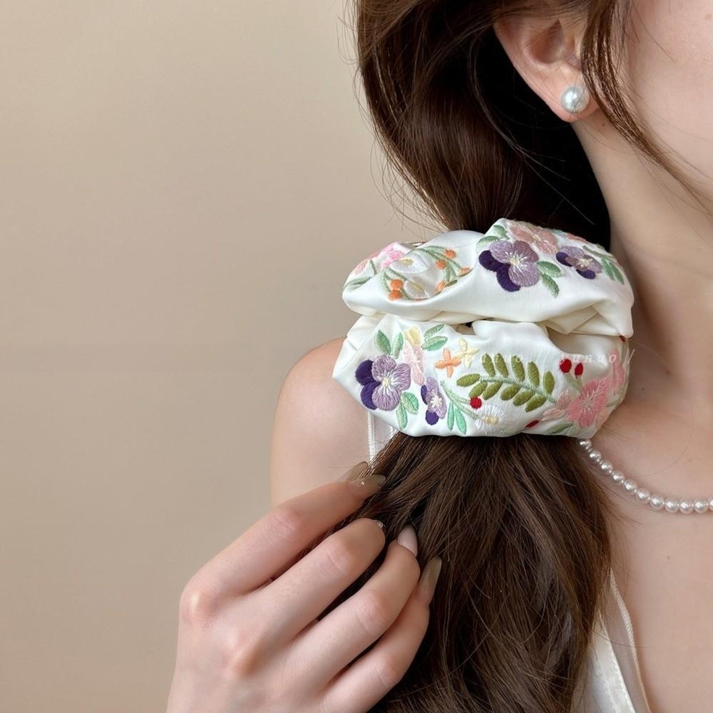 Colorful Embroidery Hair Scrunchies Satin Hair Ropes Sweet Floral Scrunchies  Girls