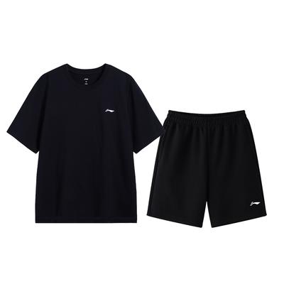 Li Ning Solid Color Logo Summer Breathable Cotton Outdoor Training Running Fitness Fitted Short Sleeve Sports Leisure Set Men Sets Black YATW075-1