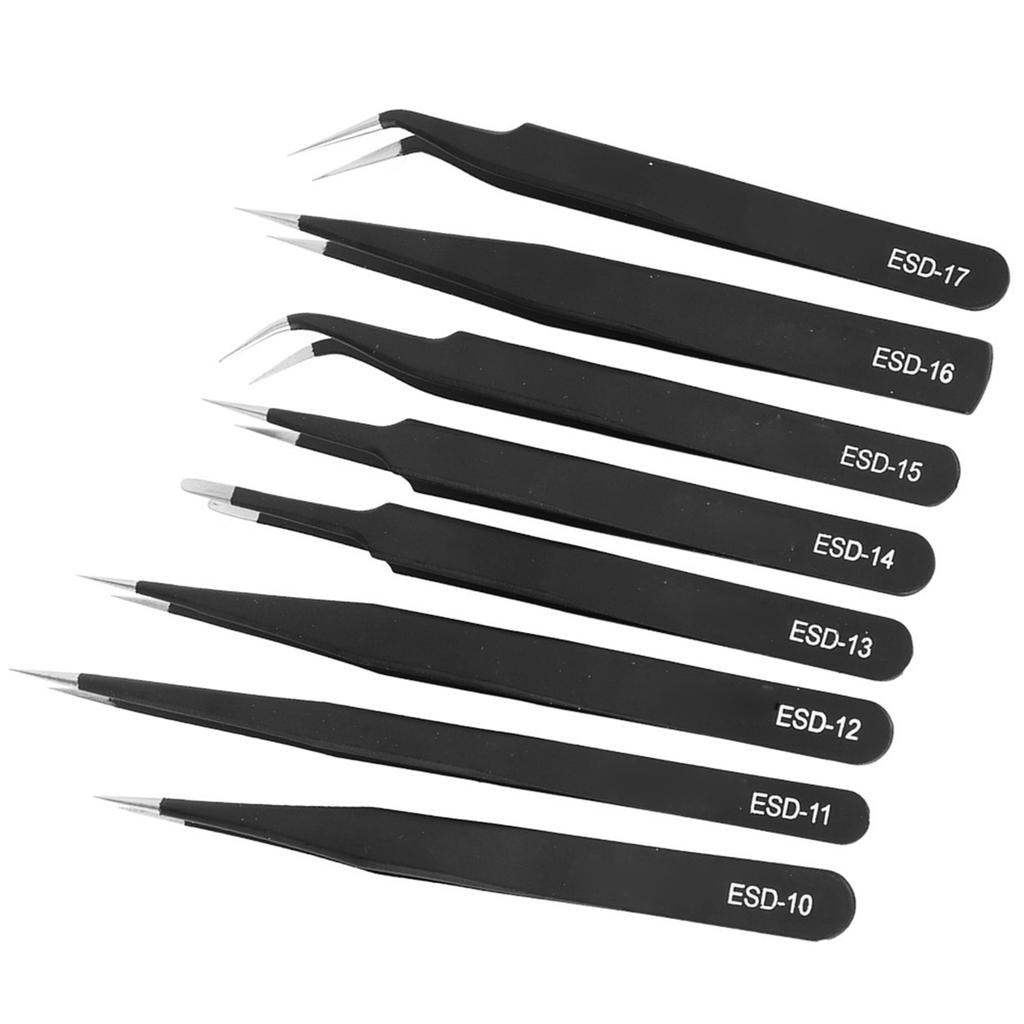 8Pcs Tweezers Stainless Steel Slant Professional Pneumatic Accurate Set ESD1017