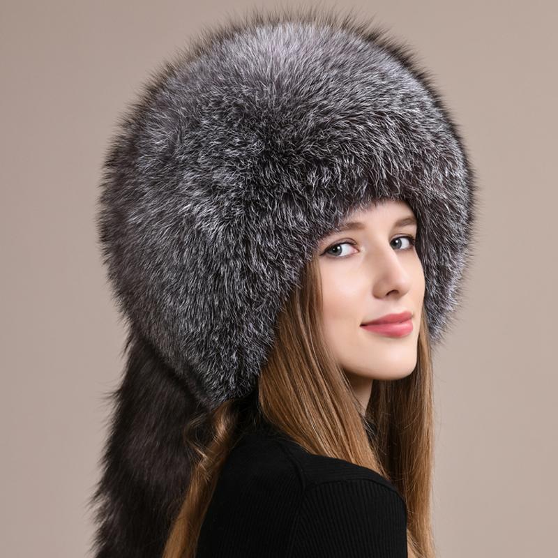 New women winter outdoor cold-proof thickening real fox fur bomber hat Fashion luxury fur caps Female natural fox fur hats