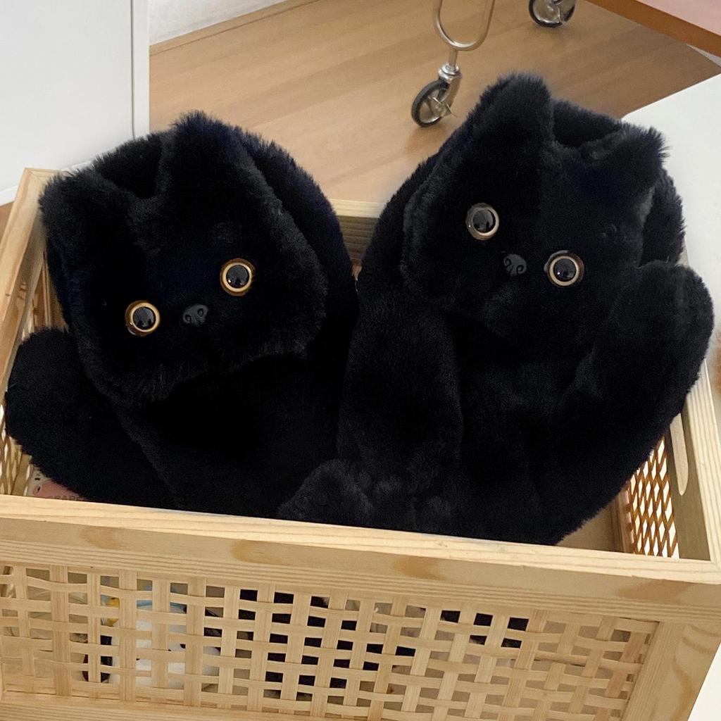 Schwarze Winterhandschuhe aus Plüsch mit Katzenmotiv: Dick, Winddicht, Niedlich, Doppellagig für Studenten, Nackenband-Design