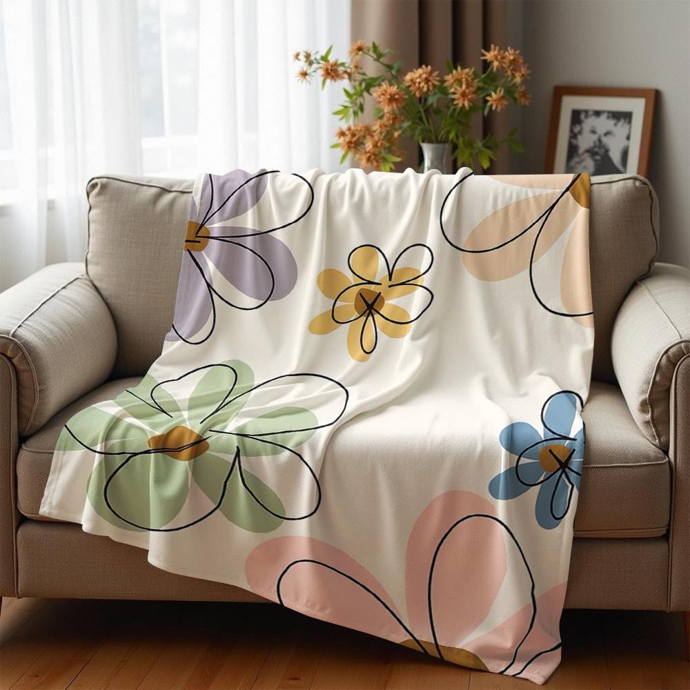 Minimal Line Pastel Flower Cartoon Anime Print Flannel Blanket Soft Warm Throw for Kids Bedroom Sofa Christmas Office Car
