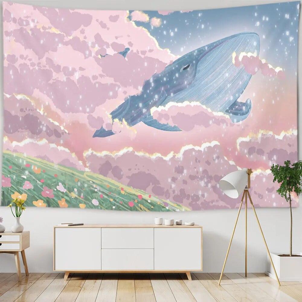 Cartoon Sky Dolphin Tapestry Wall Hanging Pink Clouds and Whales Tapestry Aesthetic Kawaii Room Decor Print Home Decor