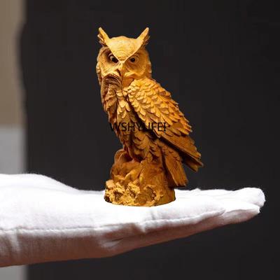 4.32 Inches Natural Cypress Tree Animal Owl Statue Solid Wood Carving Living Room Office Car Decoration Ornament