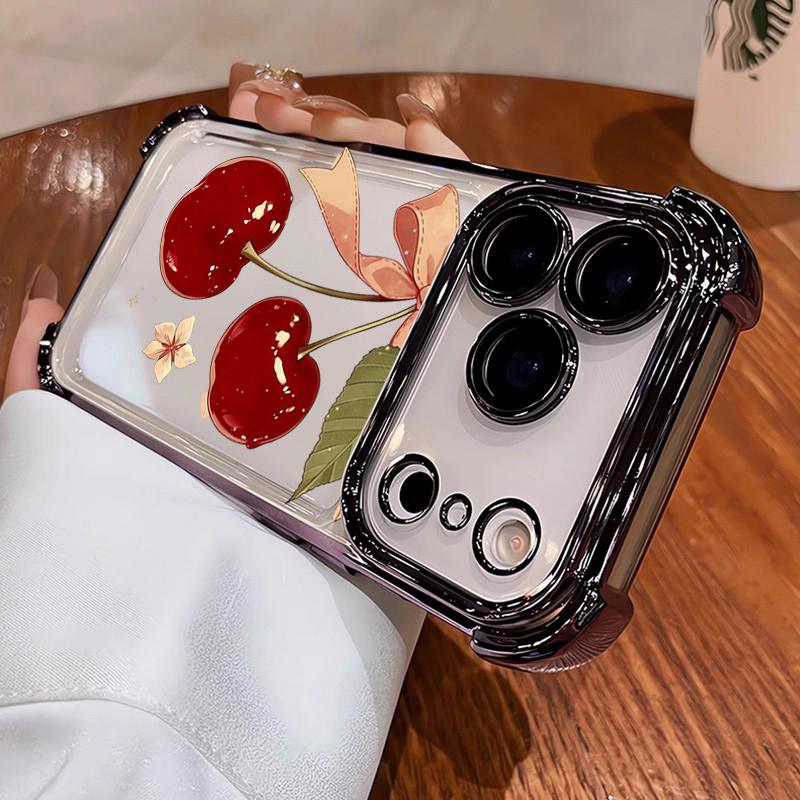 

Cherry Floral Bow Pattern Electroplated Shockproof Phone Case For iPhone 17 Air 16 Plus 15 14 13 12 11 17 Pro Max Clear Cover iPhone 12 Pro