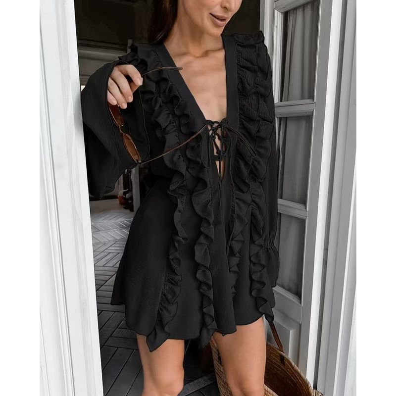 

Новое платье в французском стиле из крепа с V-образным вырезом, шнуровкой и оборками, платье с кружевной шнуровкой и оборками в виде лепестков лотоса Black L