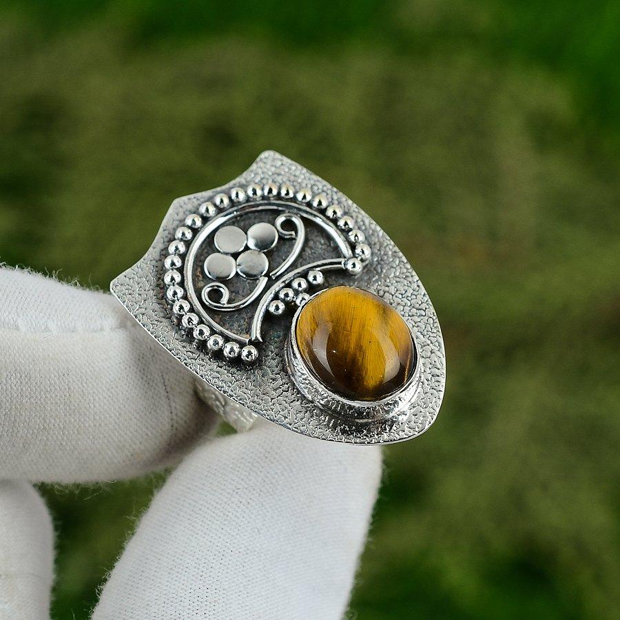 Mothers day Sale Tiger Eye Gemstone Bezel Boho Solitaire Trendy Ring 925 Silver Adjustable