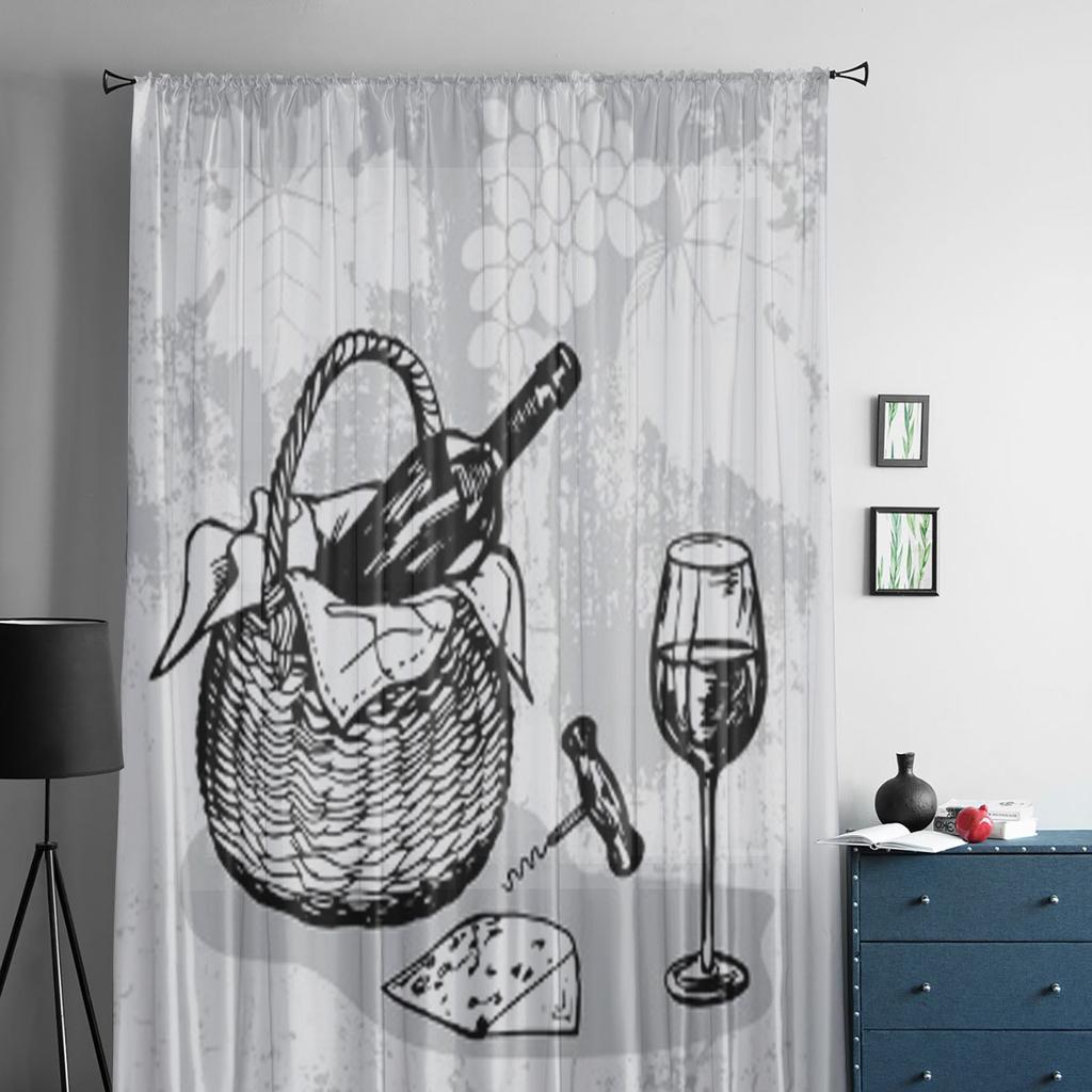 Backet With Bottle Of Wine Wineglass Cheese And Corkscrew Tulle Sheer Curtains for Living Room Home Decor Voile Organza Curtain