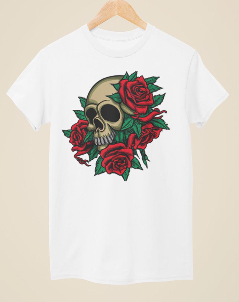 Skull & Roses - Tattoo Inspired Unisex White T-Shirt Unisex T-Shirt XXL