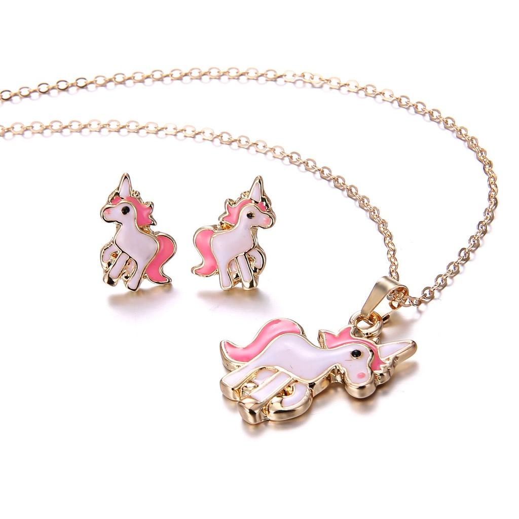 Pink 3pcsset Horse Unicorn Jewelry Sets For Women Earrings Necklaces Best Gifts