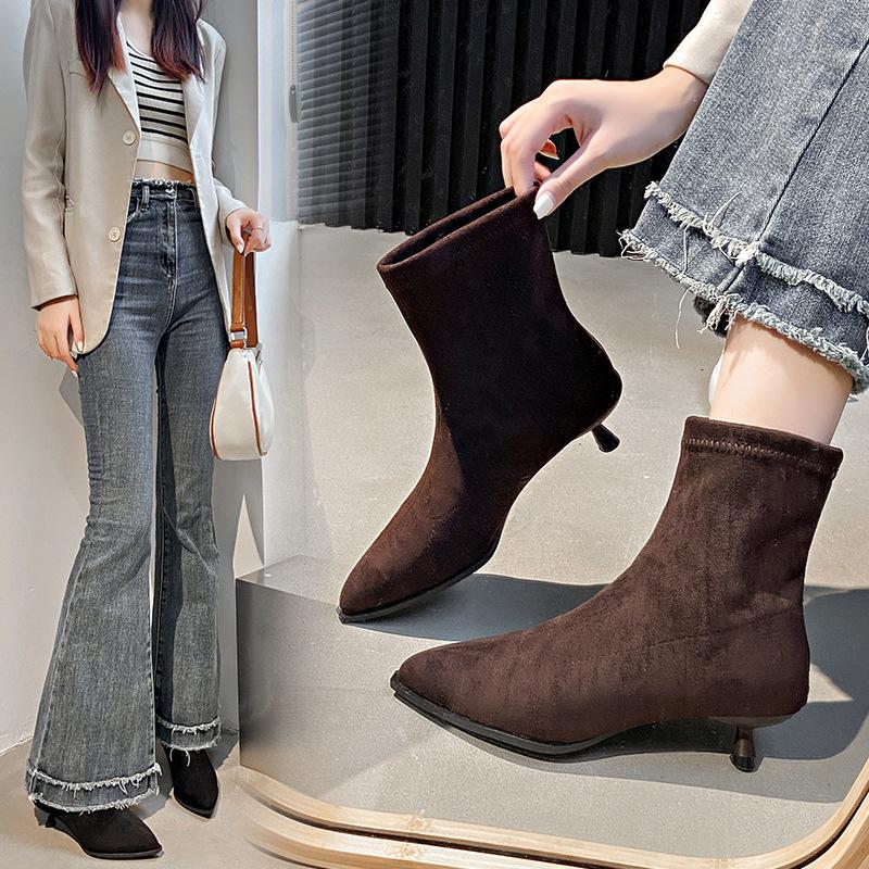 High Heeled Pointed Temperament Suede Short Boots for Women, 2025 New Autumn and Winter with Suede Fine Heels Korean Boots