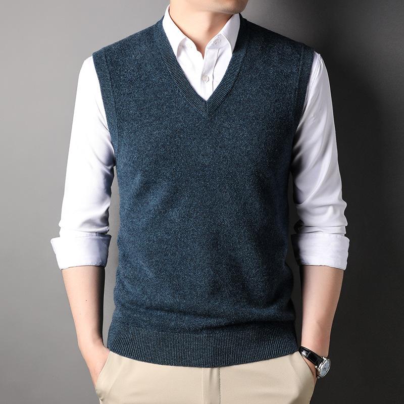 New Autumn and Winter Men's Sleeveless Sweaters Solid Color Warm Vest Cardigan Men's V-neck Vest