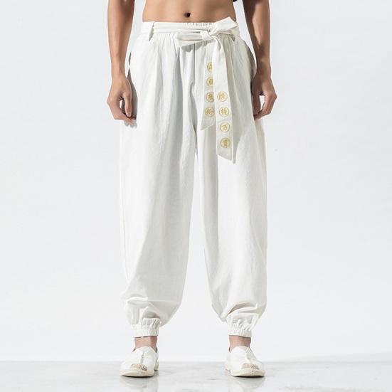 Men Harem Pants Belted Elastic Waist Retro Chinese Style Embroidery Loose Pleated Solid Color Ankle-banded Long Trousers